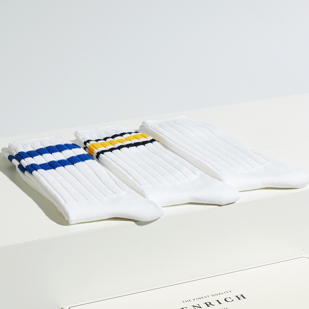 Heavy Weight Socks - 3P Set (Plain white, Blue stripes, Yellow &amp; black stripes)ENRICH(인리치)