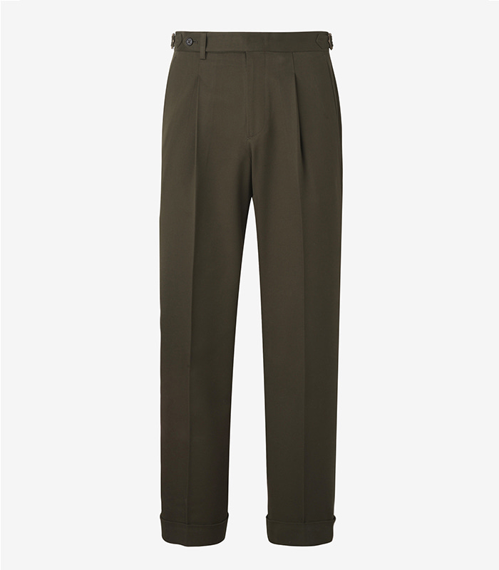 Beltless 1 pleat cotton trousers - Olive colorMEVERICK(메버릭)